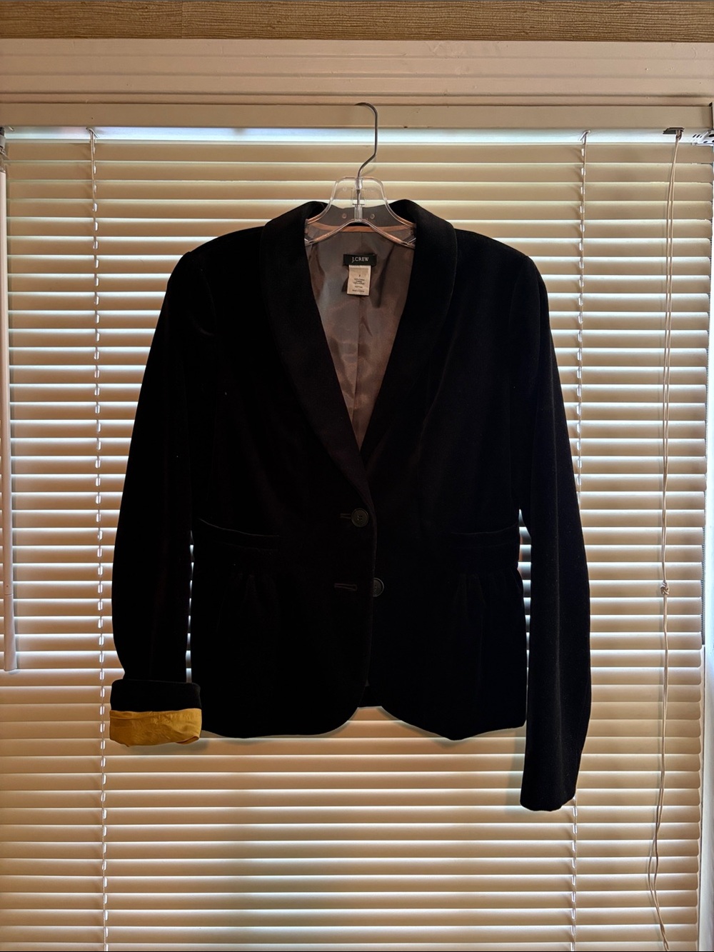 J. Crew Black Velvet Blazer with Gold Lining with very flattering flare backside